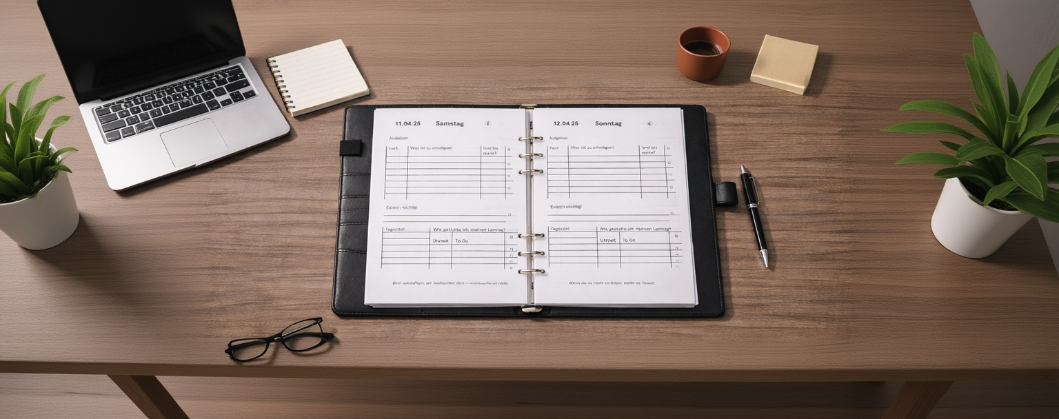 Offener Wochenplaner auf einem Schreibtisch – Hilfsplaner für strukturierte Tagesplanung